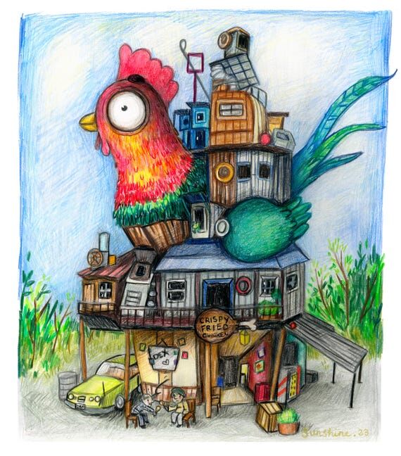 Whimsical Chicken House Illustration, Ironic ...