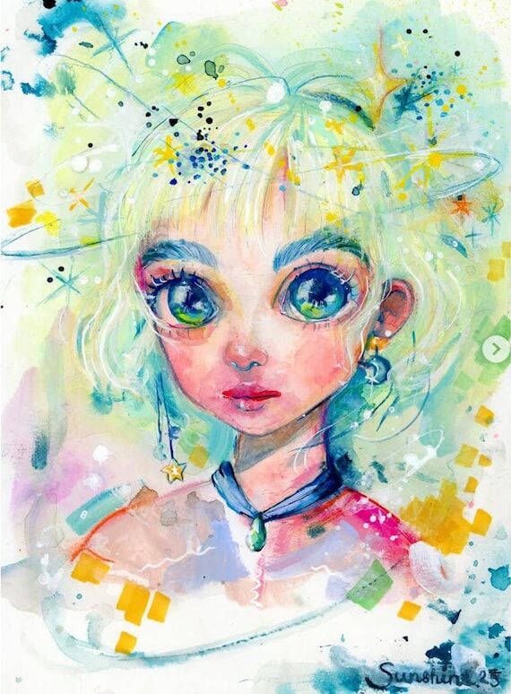 Whimsical Space Girl Original Ink Artwork, Ce...