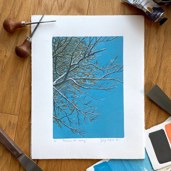 Persimmons Linocut Print: Handmade Botanical ...