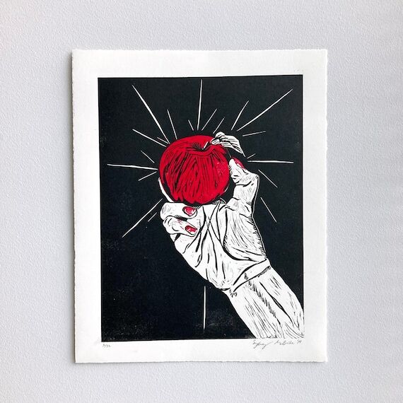 Eve Holding an Apple Linocut Relief Print, Ha...
