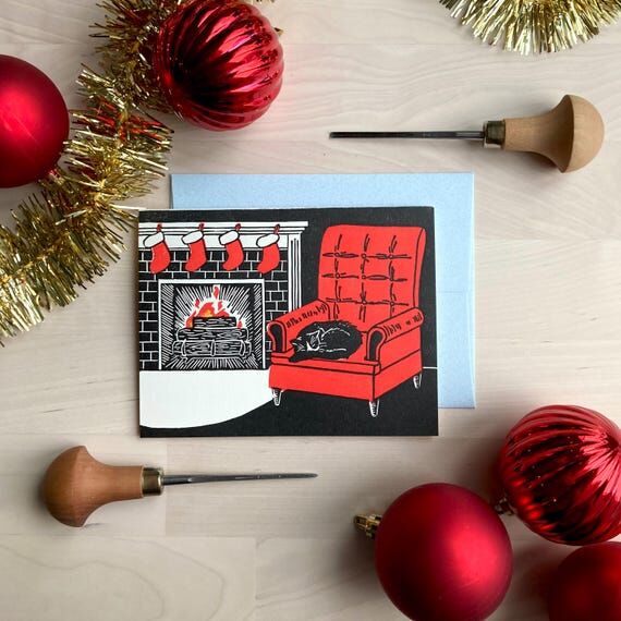 Cozy Fireplace Holiday Card, Handmade Block P...
