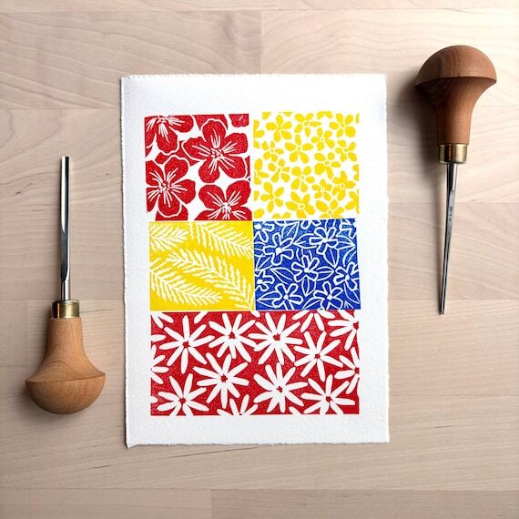 Patchwork Pattern Linocut on Paper, 5 (No Social Media) 7 Ori...