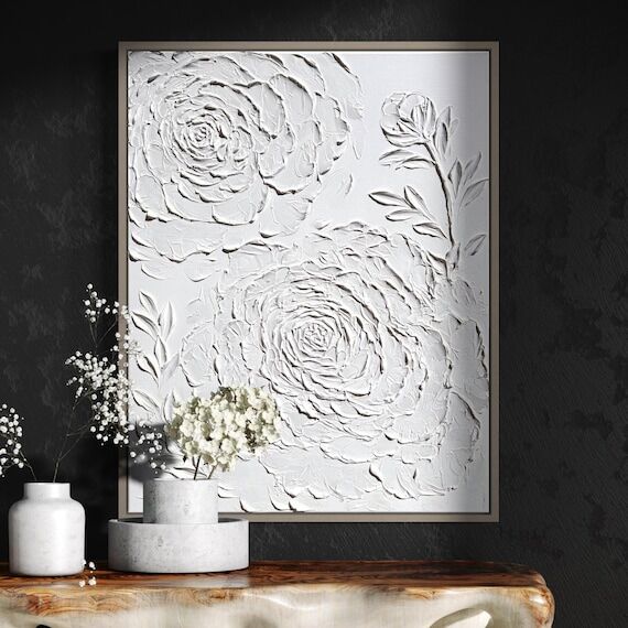 Large white floral impasto painting | 3D peon...