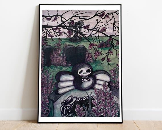 Original Watercolor Painting Dark Angel Cemet...