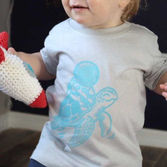 Hand Printed Kids T-Shirt Astronaut Sea Turtl...