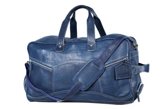 Navy Leather Duffle Bag: Handmade Full-Grain ...