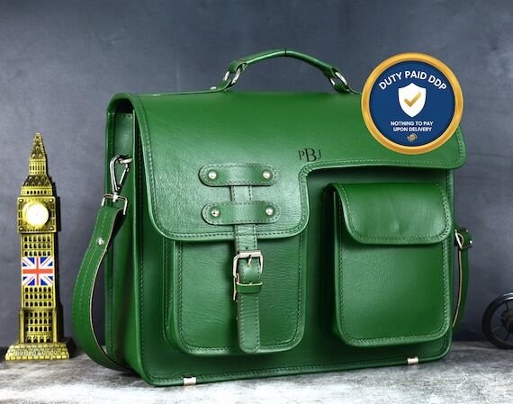 Green Leather Briefcase: Handmade Full-Grain ...