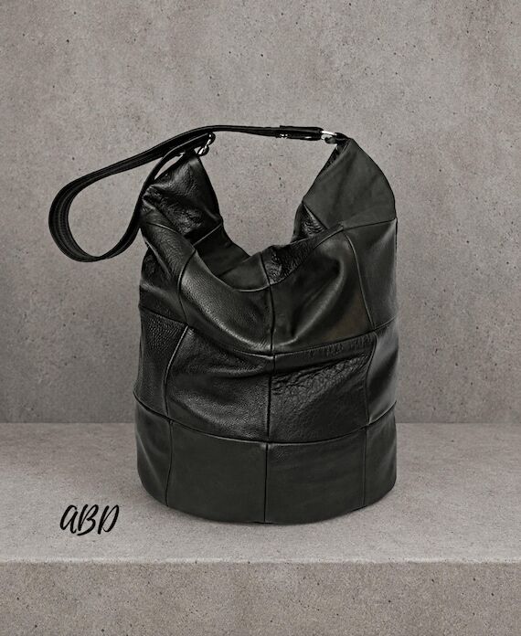 Black Leather Hobo Bag, Soft Slouchy Shoulder...