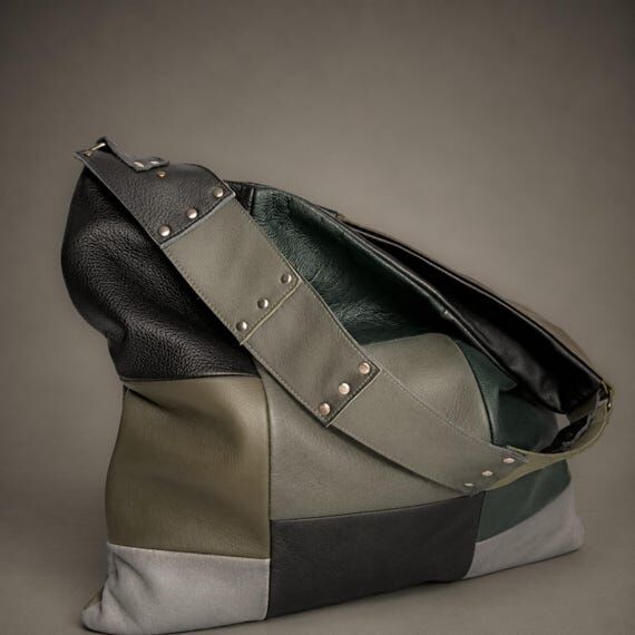 Oversized Leather Shoulder Bag, Handmade Patc...