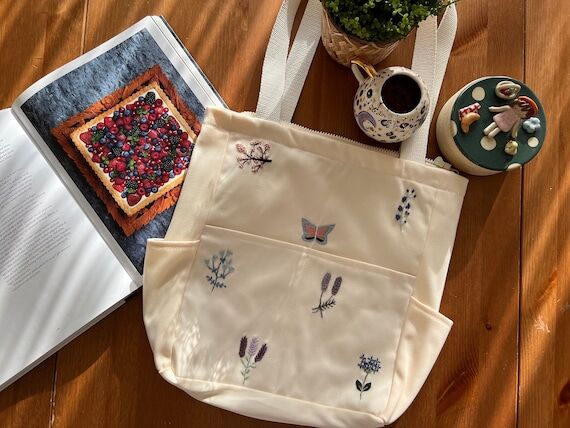 Flowers and Butterfly Embroidered Tote Bag, L...