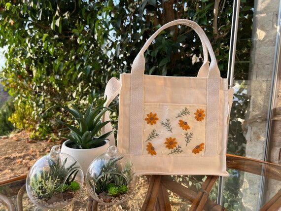 Orange Daisy Embroidered Tote Bag, Summer Min...