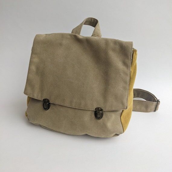 Vegan Canvas Satchel Backpack, Khaki Green Re...