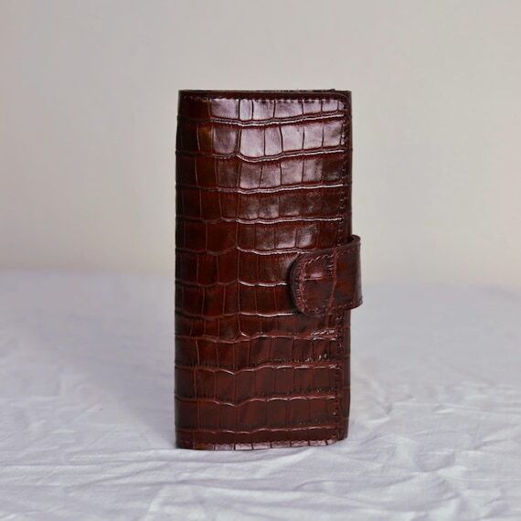 Burgundy Croc Embossed Leather Wallet, Handma...