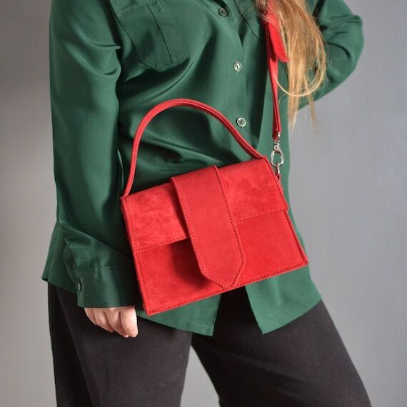 Red Suede Leather Clutch, Monogram Handbag, H...