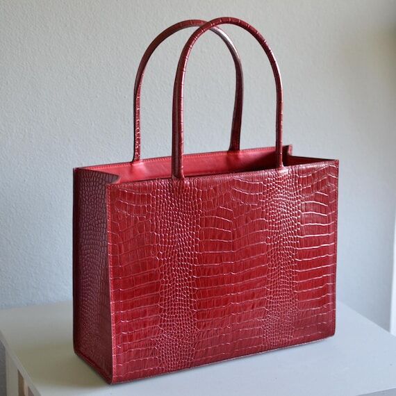 Luxury Red Croc Embossed Leather Tote Bag, Ha...