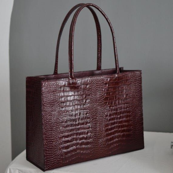 Burgundy Crocodile Embossed Leather Tote Bag,...