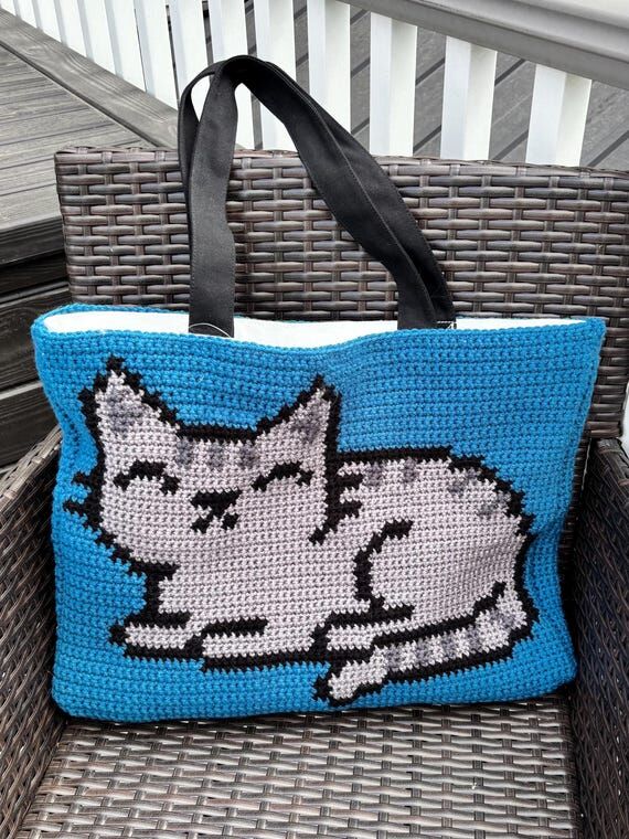 Crochet Cat Tote Bag: Double-Sided Napping Ki...