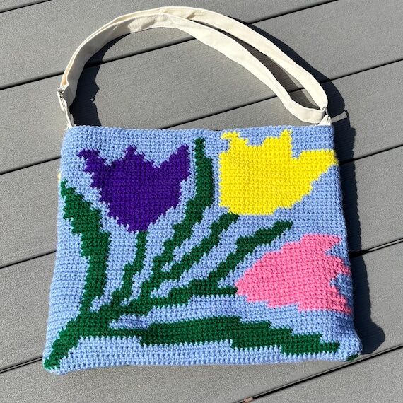 Handmade Crochet Tulip Tote Bag: Floral Lined...