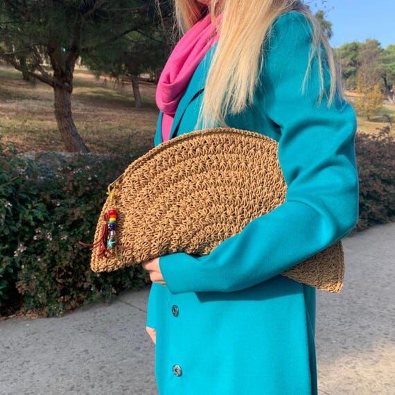 Handcrafted Crochet Straw Clutch: Boho Woven ...