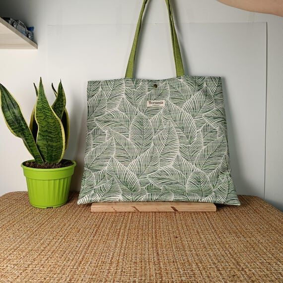 Large Tote Bag Green Leaf Print Fabric 49x46 ...