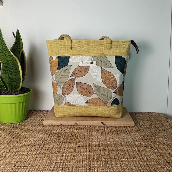Yellow Jacquard and Leaf Print Fabric Shoulde...