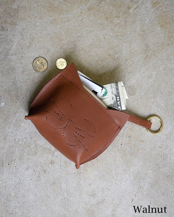 Handmade Leather Cat Coin Pouch, Zippered Sma...