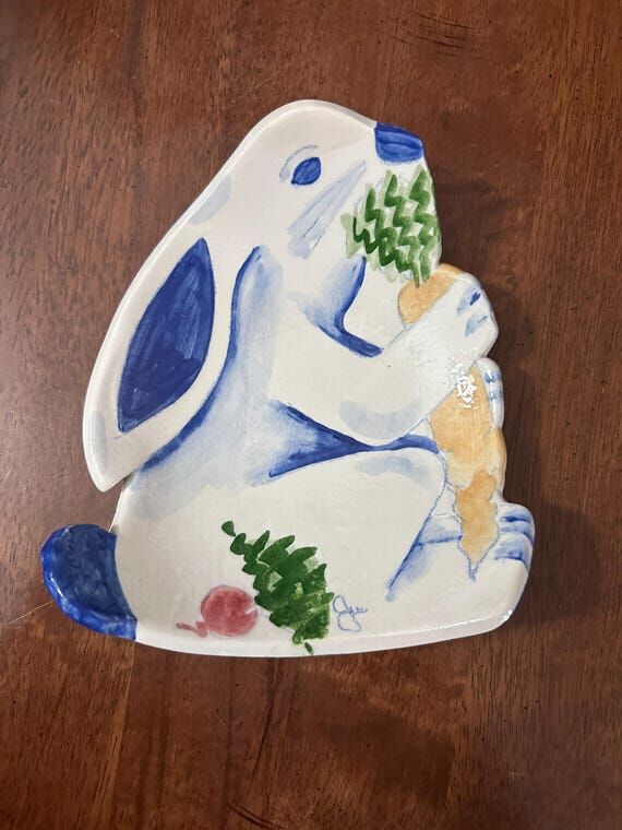 Vintage BUNNY RABBIT ceramic DISH, blue & whi...