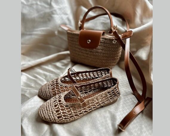 Handmade Raffia Crochet Mary Jane Flats & Tot...