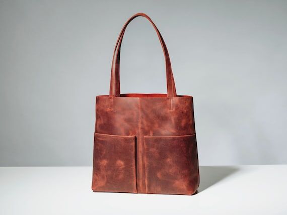 Handmade Burgundy Leather Tote Bag with Pocke...