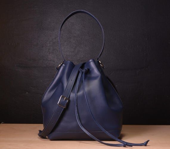 Handmade Navy Blue Leather Bucket Bag, Crossb...