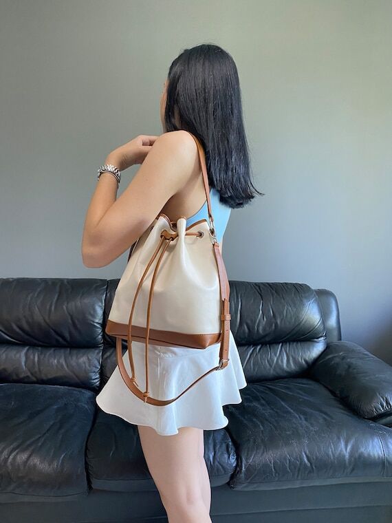 White & Cognac Leather Bucket Bag, Drawstring...