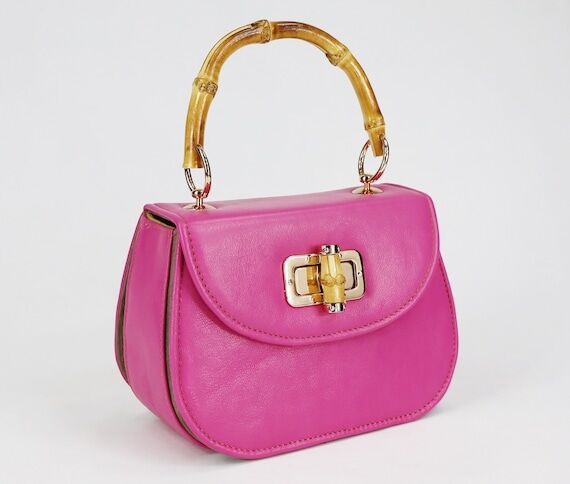Pink Leather Handbag: Bamboo Handle Small Bag...