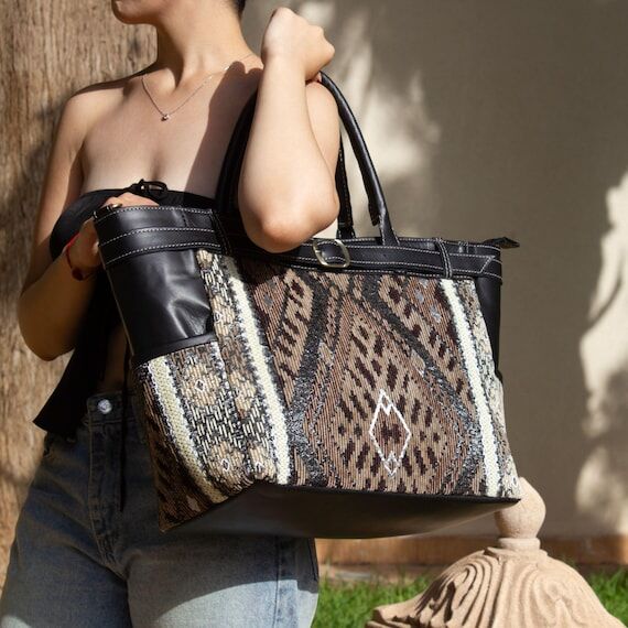 Personalized Black Leather Tote Bag, Moroccan...