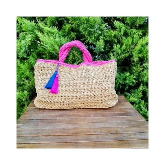Handmade Crochet Beach Rafia Bag,Top Handle P...