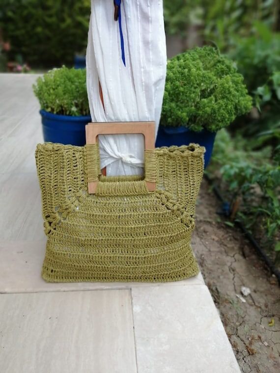 Women Crochet Big Bag WithWoodenHandles ,Han...
