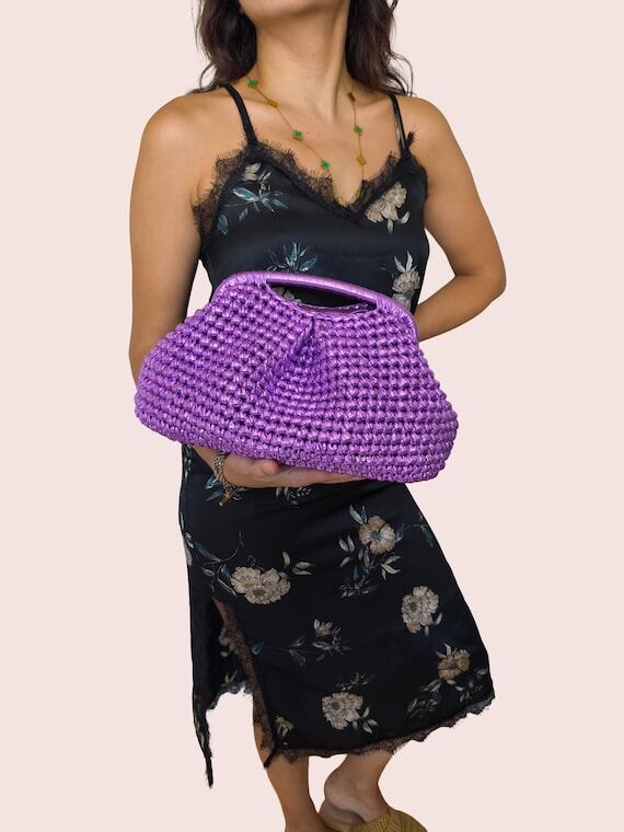 Lilac Metallic Crochet Top Handle Bag, Handma...