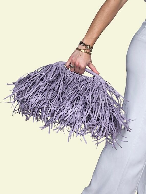 Lilac Raffia Fringe Clutch, Boho Lavender Top...