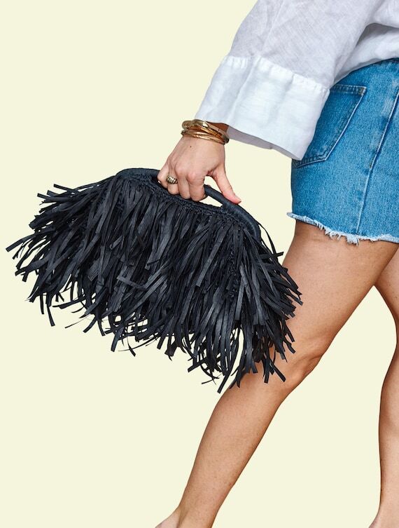 Black Raffia Fringe Clutch, Boho Top Handle P...