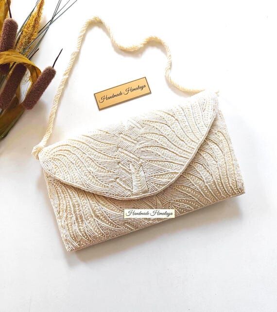 Ivory Leaf Beaded Bridal Clutch | White Weddi...