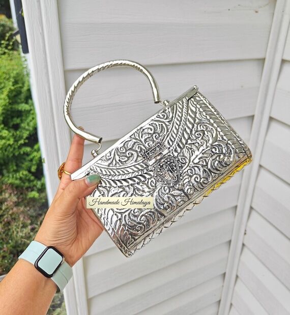 Silver Clutch Bag: Floral Engraved Indian Wed...