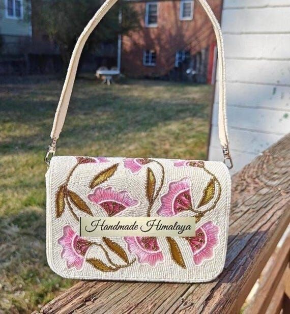 Pink Floral Beaded Bag | Ivory White Wedding ...