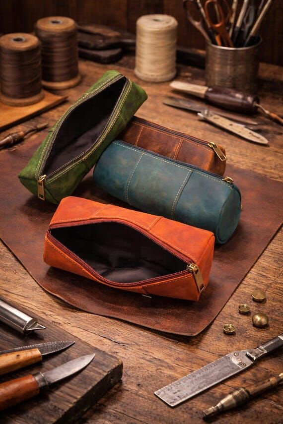 Handmade Full Grain Leather Pencil Pouch: Rus...