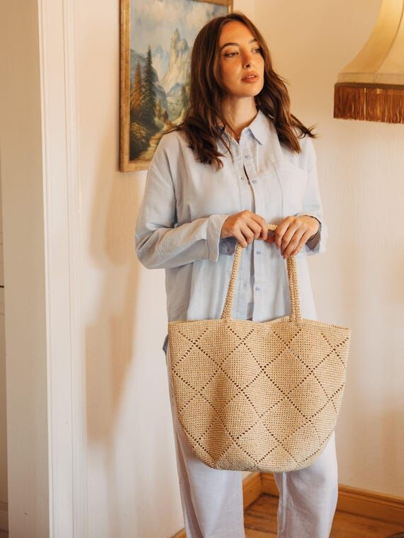 Crochet Beach Bag, Summer Raffia Tote, Large ...
