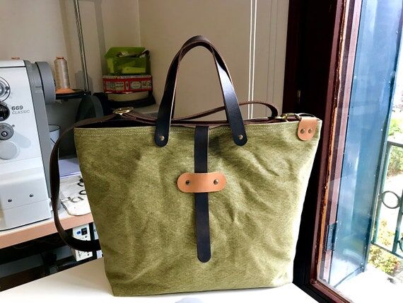 Moss Green Canvas Leather Crossbody Bag, Wate...