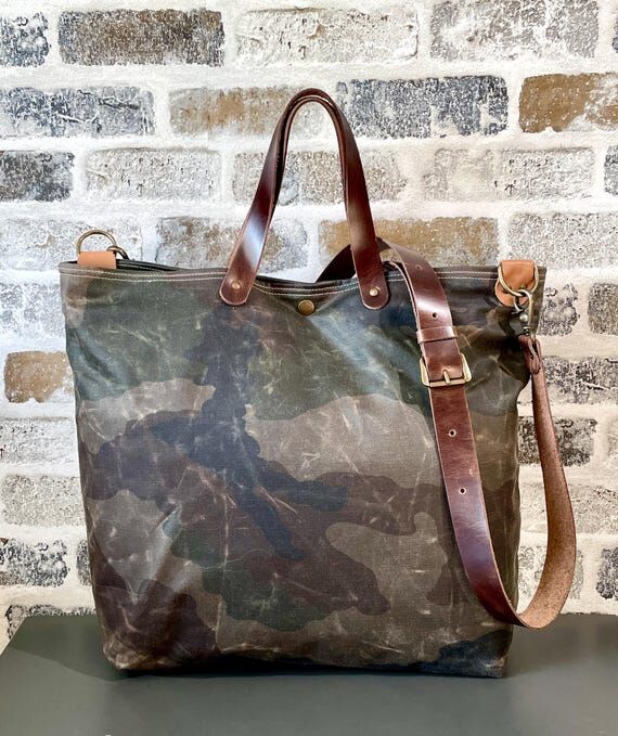 Waxed Canvas Camouflage Tote Bag: Leather Str...
