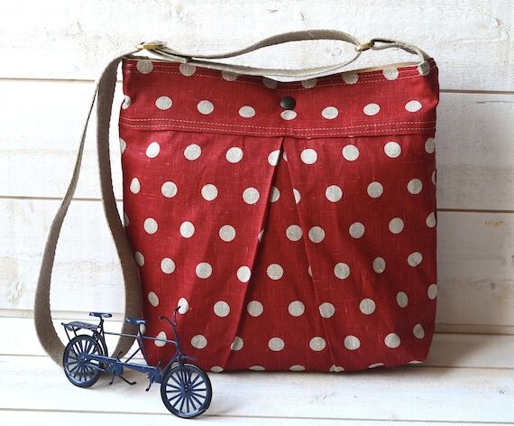 Handmade Red Polka Dot Linen Shoulder Bag –...