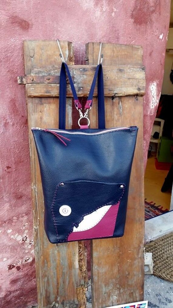 Handmade blue red and white leather backpack...