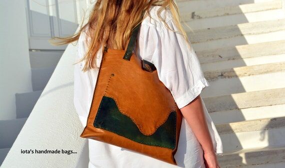 Handmade Leather Tote Bag, Brown & Green, Ext...
