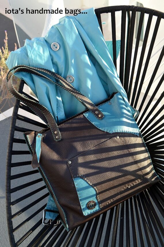 Handmade Leather Tote Bag, Brown & Petrol, Ex...