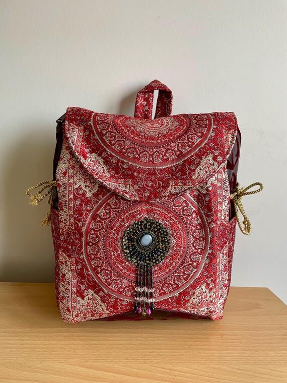 Handmade Red Jacquard Mandala Backpack: Bohem...